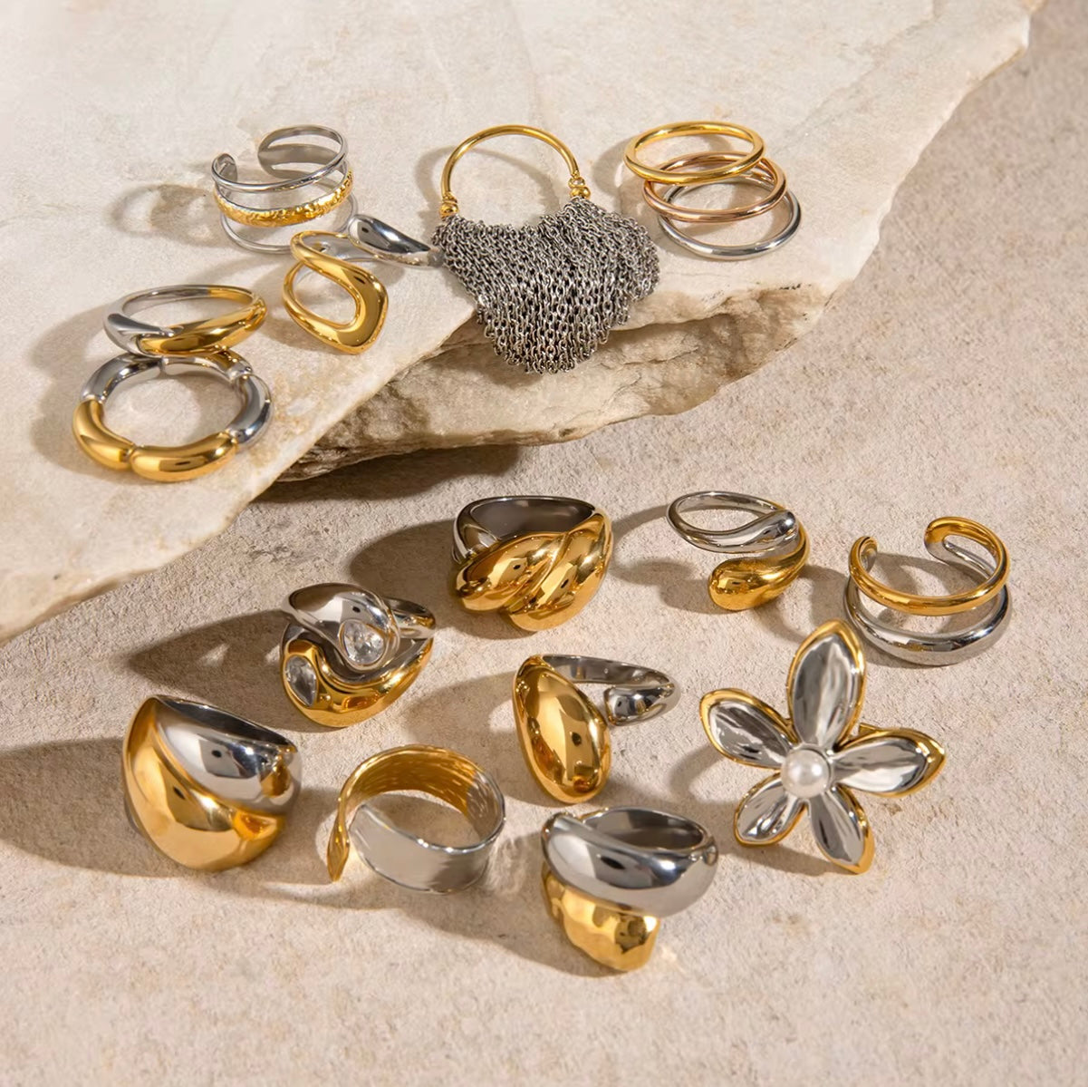 18K Gold Plated Stainless Steel Mix Color Ring Geometric Waterproof Fashion Jewelry