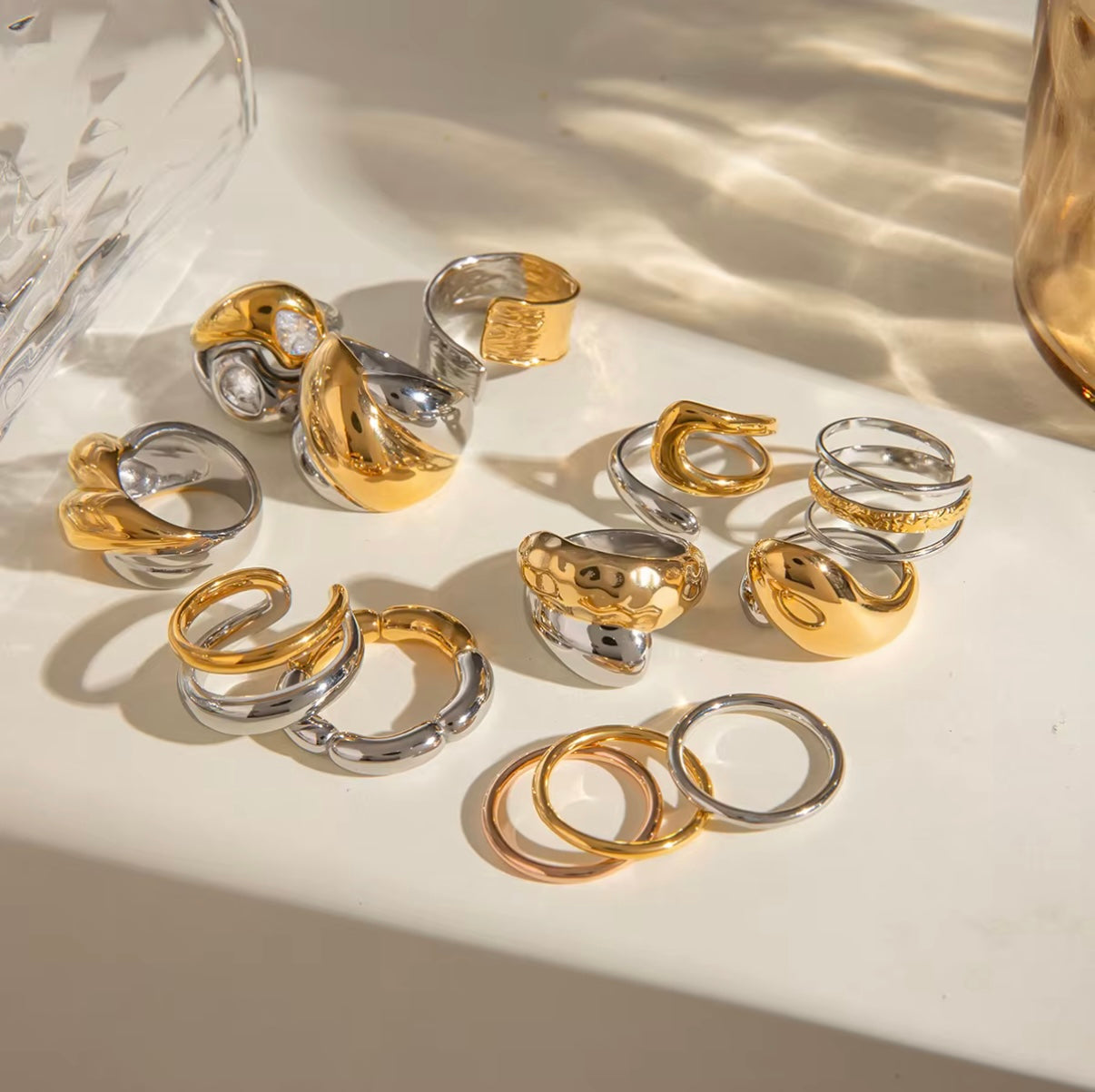 18K Gold Plated Stainless Steel Mix Color Ring Geometric Waterproof Fashion Jewelry