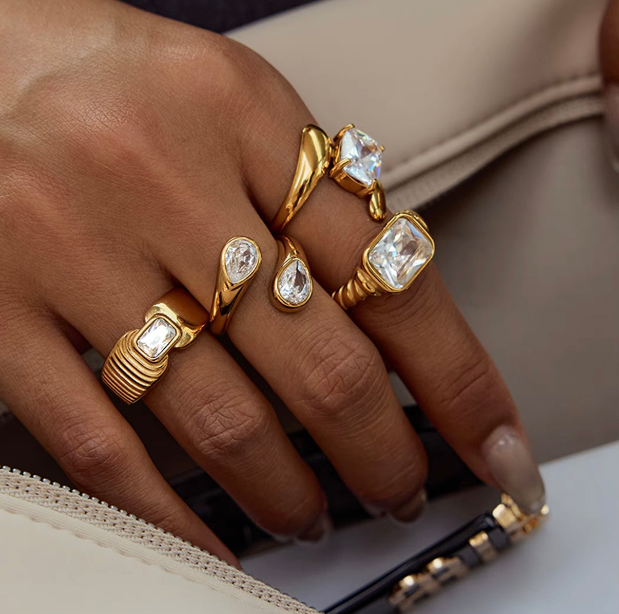 18K PVD Gold Plate Stainless Steel Rings Trendy Waterproof Delicate Zircon Adjustable Ring
