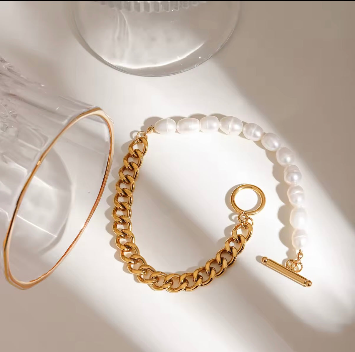 18k Buckle Stainless Steel Pearl Splicing Chain Bracelet Anklet Simple Ins Style Fashion Jewelry