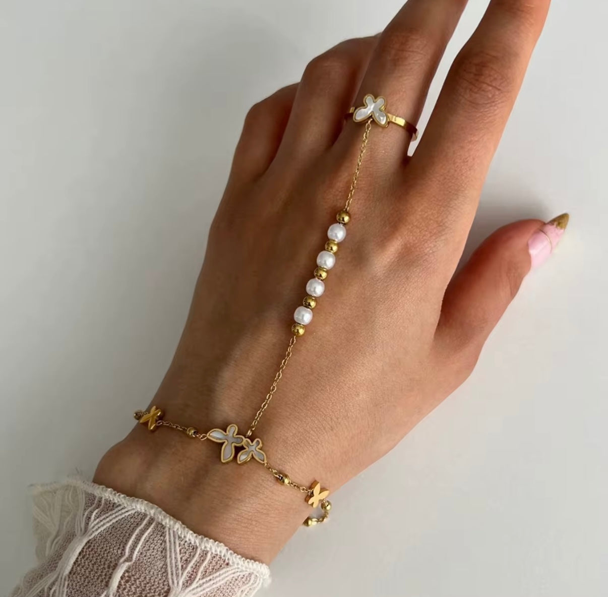 Celestial Butterfly Whisper 18K Gold Stainless Steel Pearl Finger Chain Minimalist Hand Chain