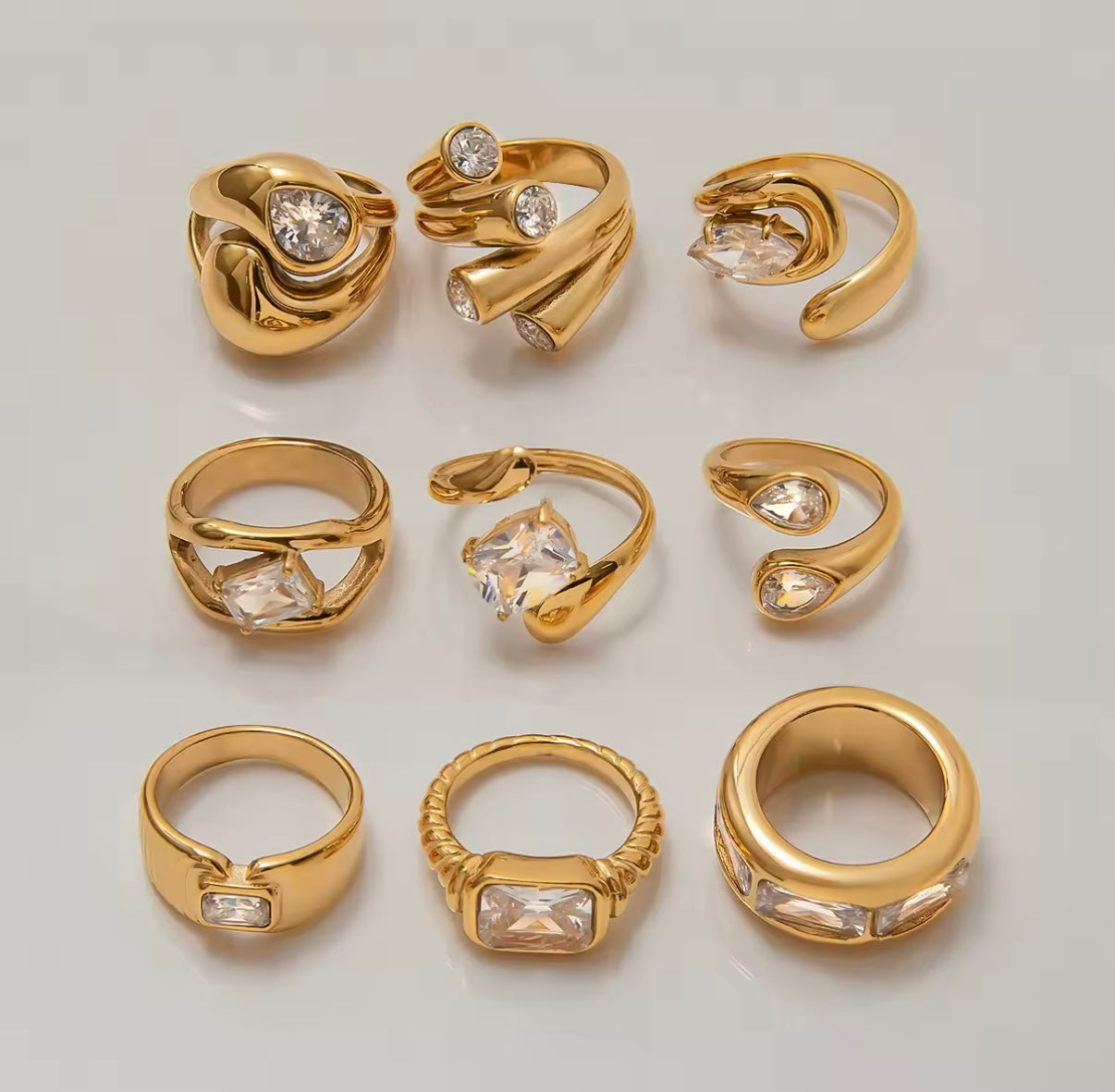 18K PVD Gold Plate Stainless Steel Rings Trendy Waterproof Delicate Zircon Adjustable Ring