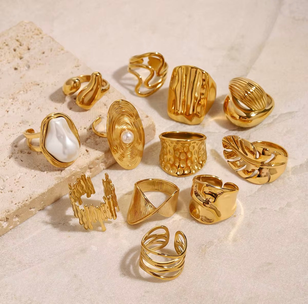 Chunky Luxury Stainless Steel 18K Gold Plated Big Baroque Pearl Textured Irregular Rings