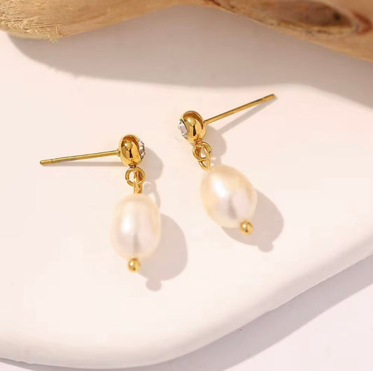 18k Gold Plated Stainless Steel Natural Freshwater
Pearl Round Cubic Zirconia Pendant Earrings