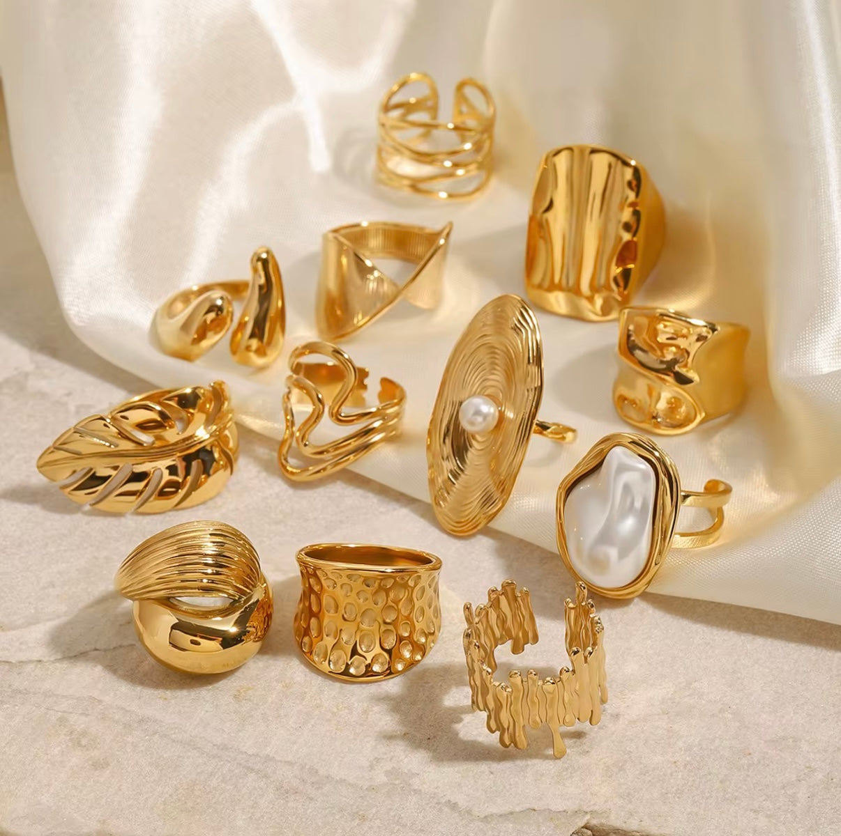Chunky Luxury Stainless Steel 18K Gold Plated Big Baroque Pearl Textured Irregular Rings