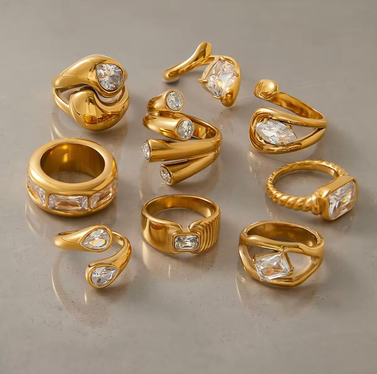 18K PVD Gold Plate Stainless Steel Rings Trendy Waterproof Delicate Zircon Adjustable Ring