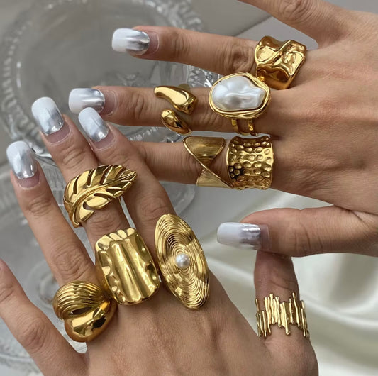 Chunky Luxury Stainless Steel 18K Gold Plated Big Baroque Pearl Textured Irregular Rings